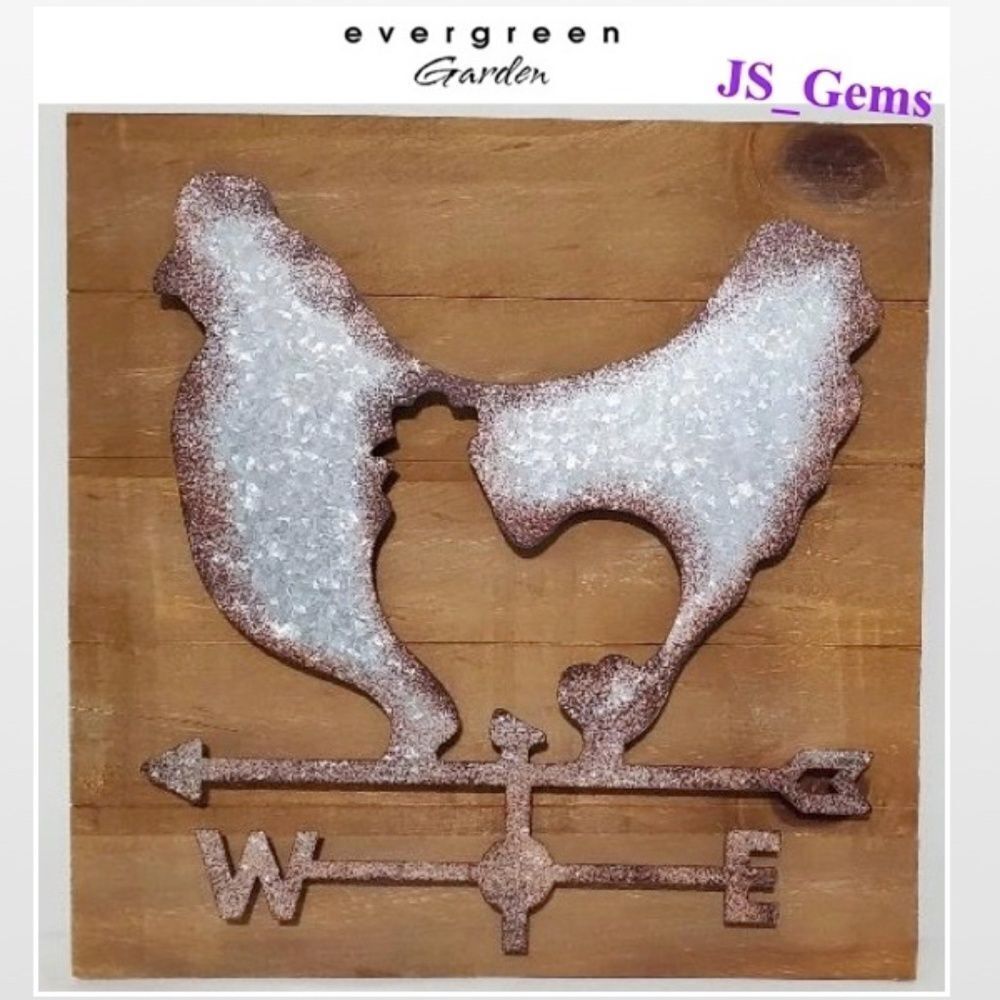 New Distressed Silver Metal Weathervane Rooster On Wood Square Home Décor